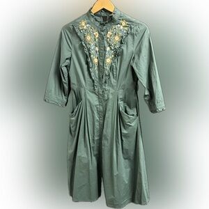 Art Domain Green Button-Up Floral Embroidered Dress